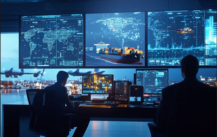 Cadena de suministro multimodal: buque, camión y avión carguero conectados globalmente